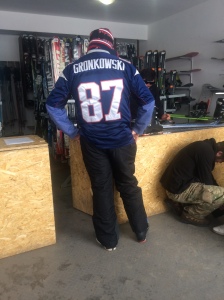 This guy at the ski rental was a little far away from New England. 